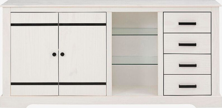 Skjenk Loki, 2 dører / 4 skuffer / 2 glasshyller, Hvit