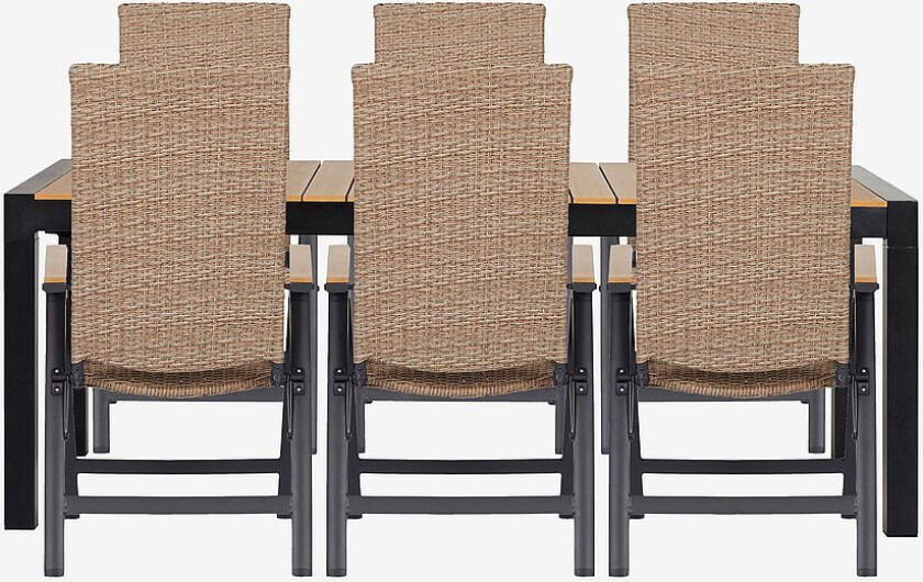 Hagegruppe med ileggsplate, 6 stoler, Brun