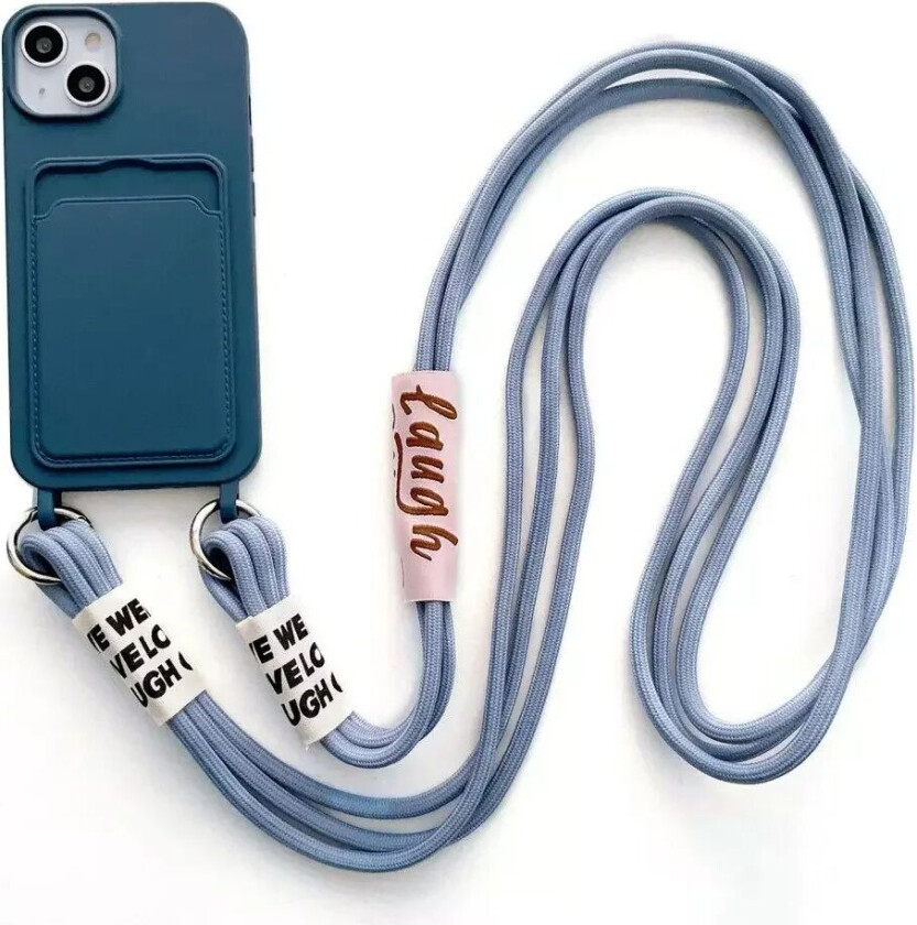 iPhone 14 Fleksibelt Plastdeksel med Kortholder og Stropp - Blå