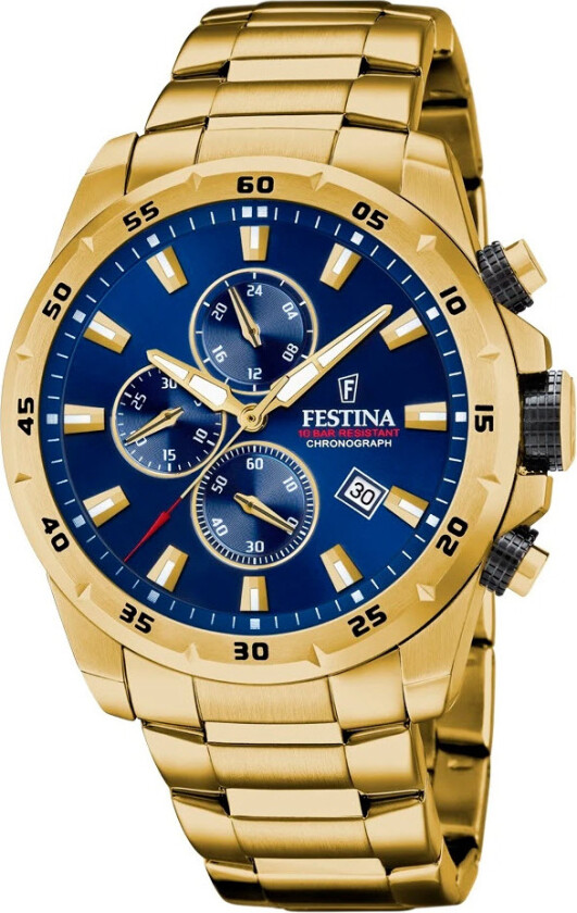 Chronograph F20541/2 - Kvarts - Gull - Herreklokker - Rustfritt stål - ledd m/pin - Mineral