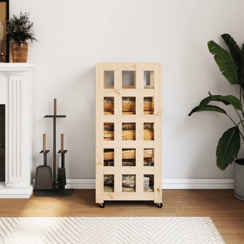 Vedstativ med hjul 40x49x110 cm heltre furu