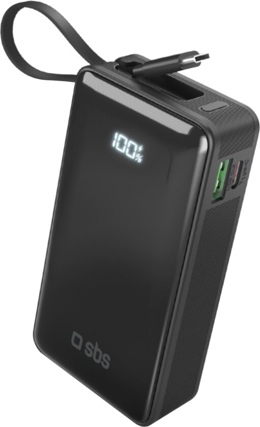 Powerbank Sbs 10000Mah, 20W, Lcd, Integrated Cable, Juodas
