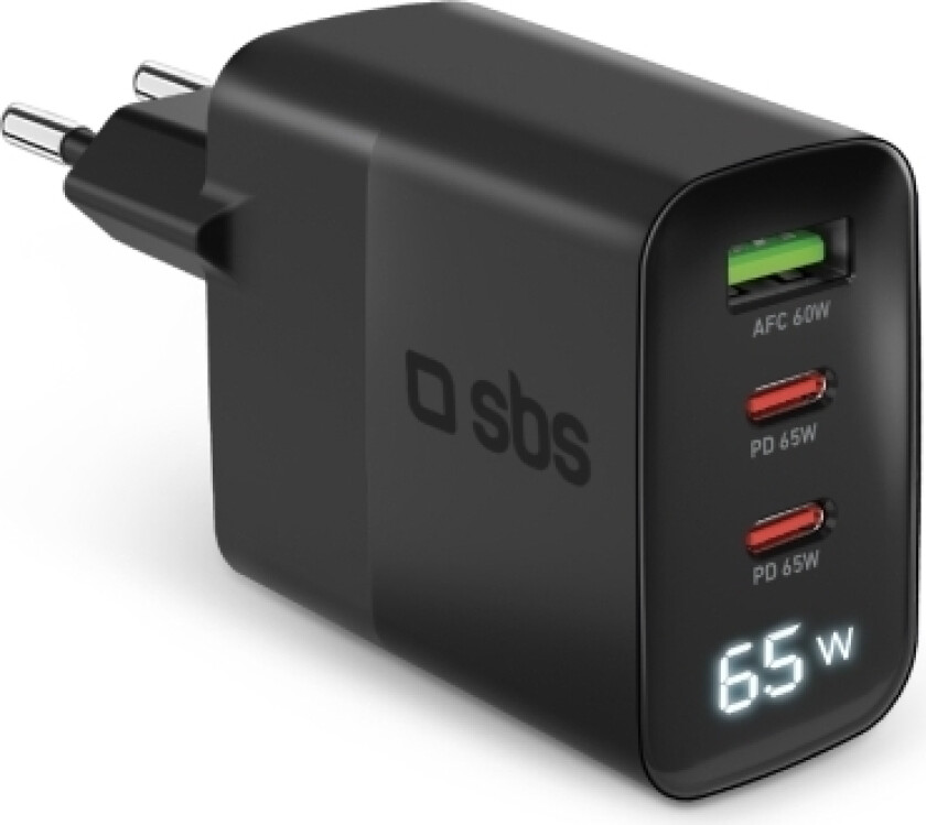 Lader Sbs Gan 65W, 2Xusb-C + Usb, Lcd, Juodas