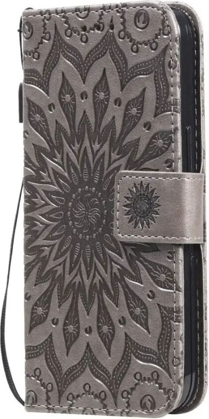 iPhone 15 Skinn Deksel med Lommebok og Stropp - Mandala Blomst - Brun