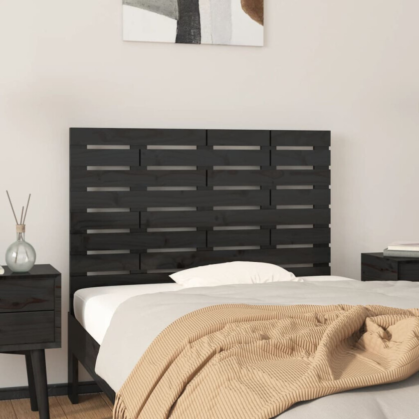 Veggmontert sengegavl svart 106x3x63 cm heltre furu