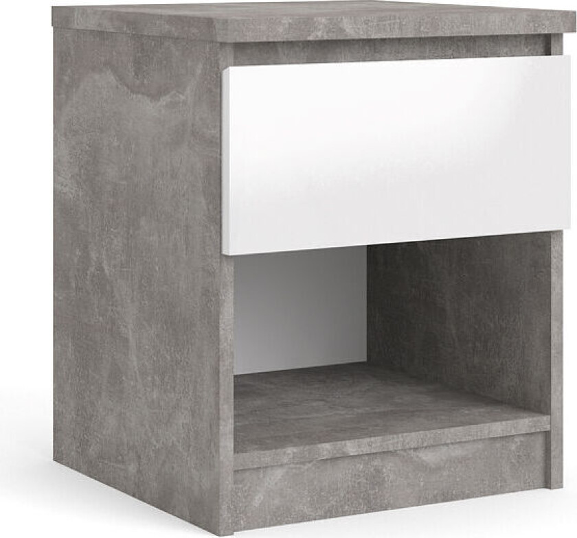 Bilde av Nada nattbord med 1 skuff og 1 hylle, betong dekor,hvit høyglans.
