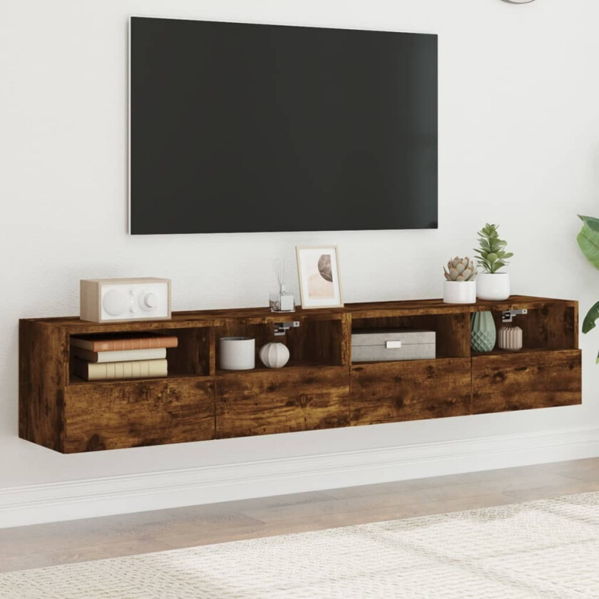 Vegghengte TV-benker 2 stk røkt eik 80x30x30 cm konstruert tre