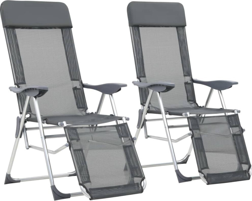Sammenleggbare campingstoler med fotstøtter 2 stk grå textilene