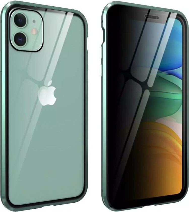 iPhone 11 Magnetisk Metall Deksel m. Glass Foran og Bak m. Privacy Glass - Grønn