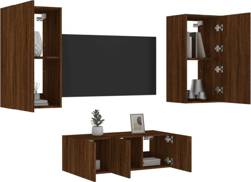 Vegghengte TV-enheter med LED 4 deler brun eik konstruert tre