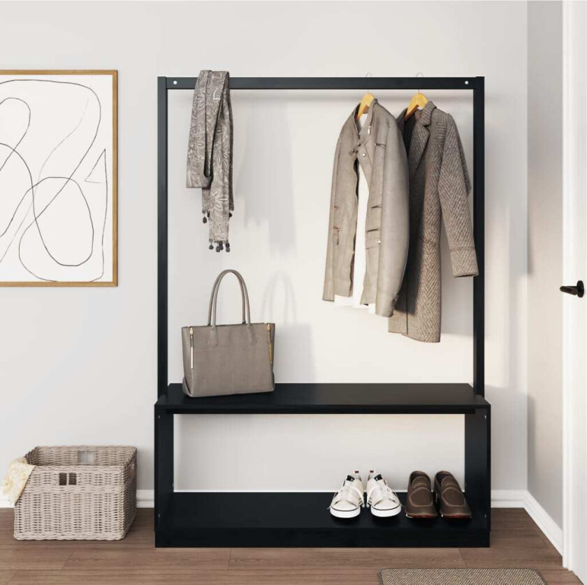 Klesstativ med skooppbevaring svart 113x40x157,5 cm heltre furu