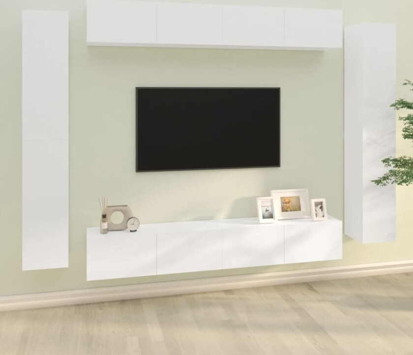 TV-benksett 8 deler høyglans hvit konstruert tre