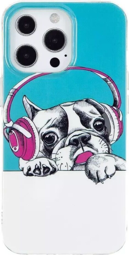 iPhone 14 Pro Fleksibelt TPU-Plastbakdeksel - Hund med Hodetelefoner