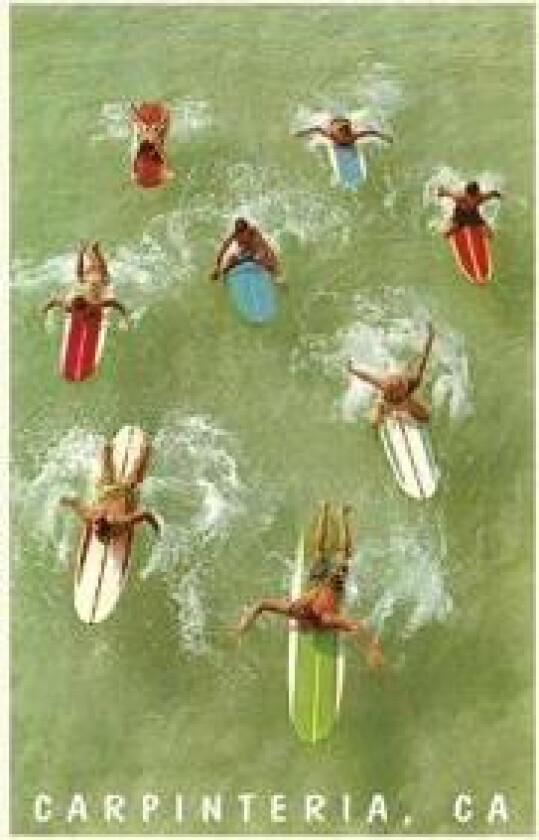 The Vintage Journal Colorful Surfers and Surf Boards in Green Water, Carpinteria
