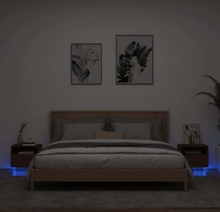 Nattbord med LED 2 stk brun eik 40x39x37 cm