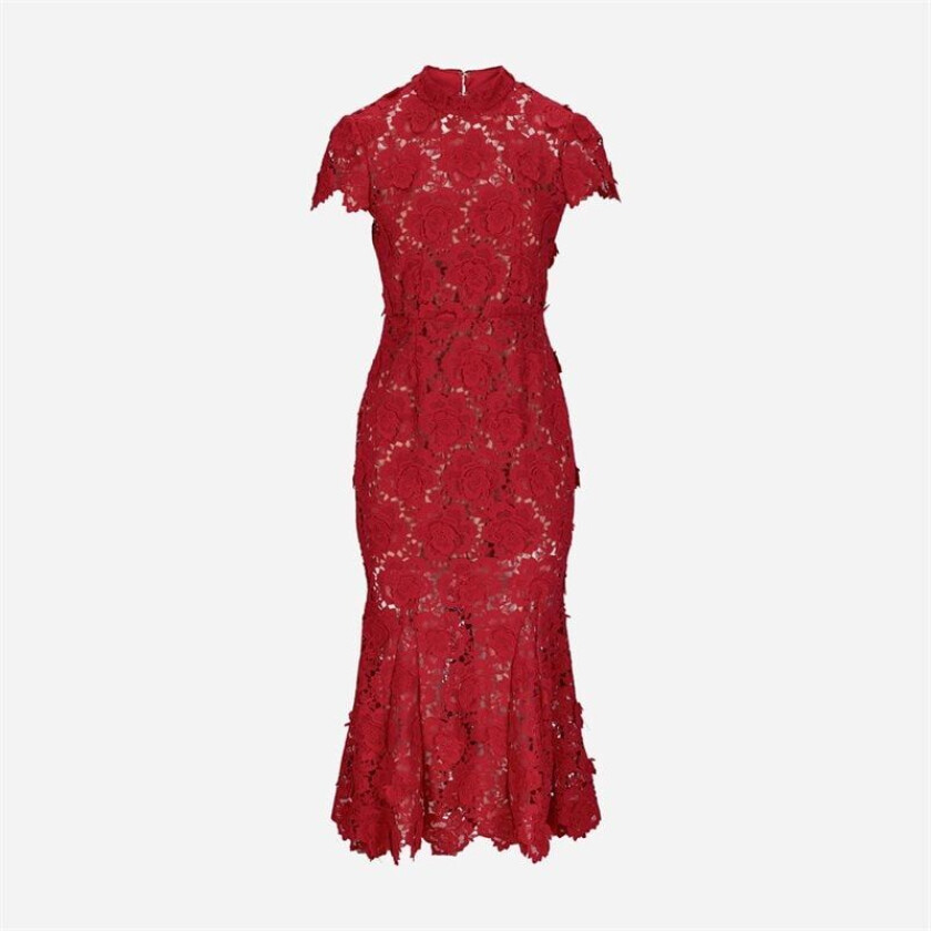 Flower Lace Midi Dress - Red Rød UK 14