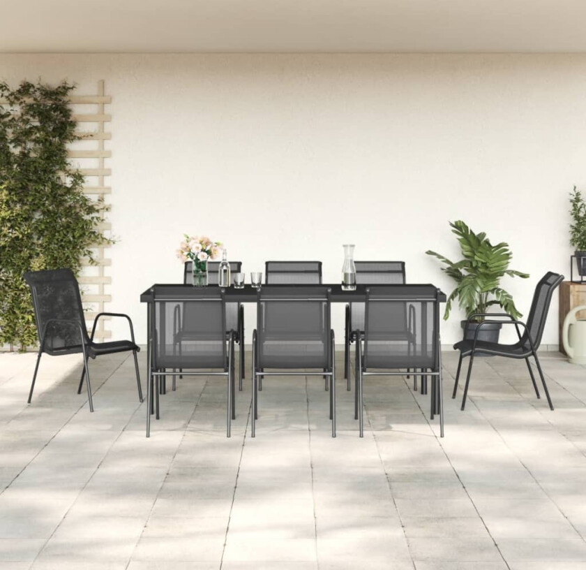 Hagespisegruppe 9 deler svart stål og textilene