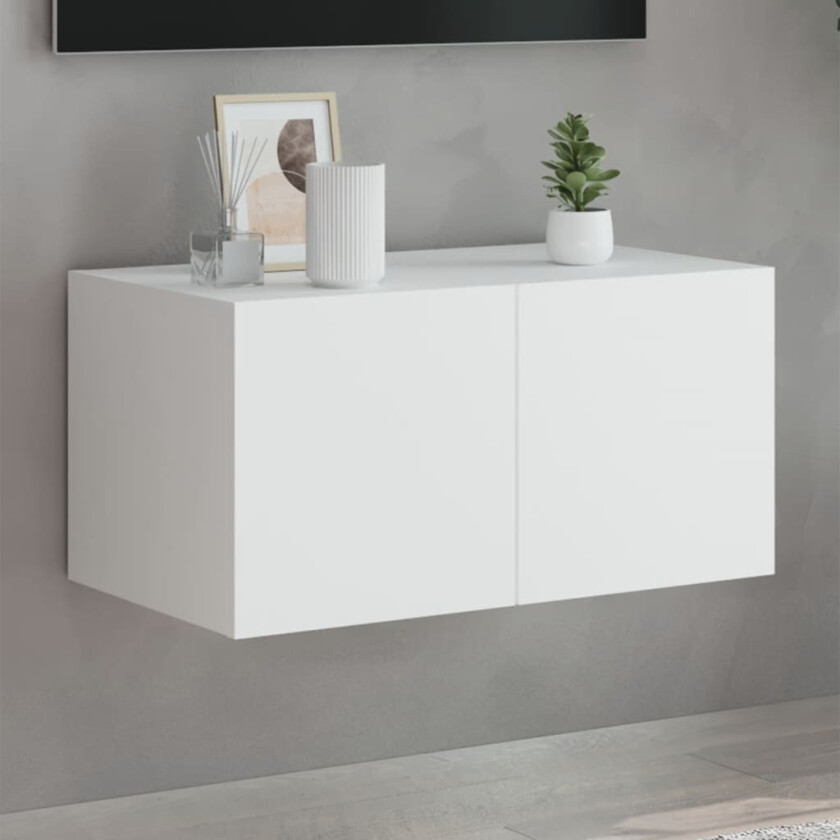 Vegghengt TV-benk med LED hvit 60x35x31 cm