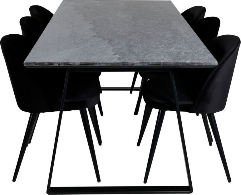 EstelleBLBL spisegruppe spisebord svart, marmor og 6 Velvet spisestuestoler velour svart.