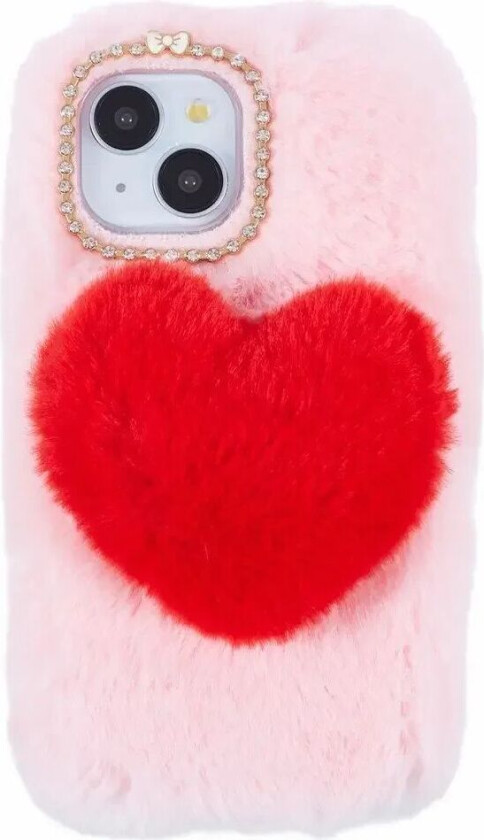 iPhone 15 Fleksibelt Plastbakdeksel m. Pels - Hjerte - Rød / Rosa