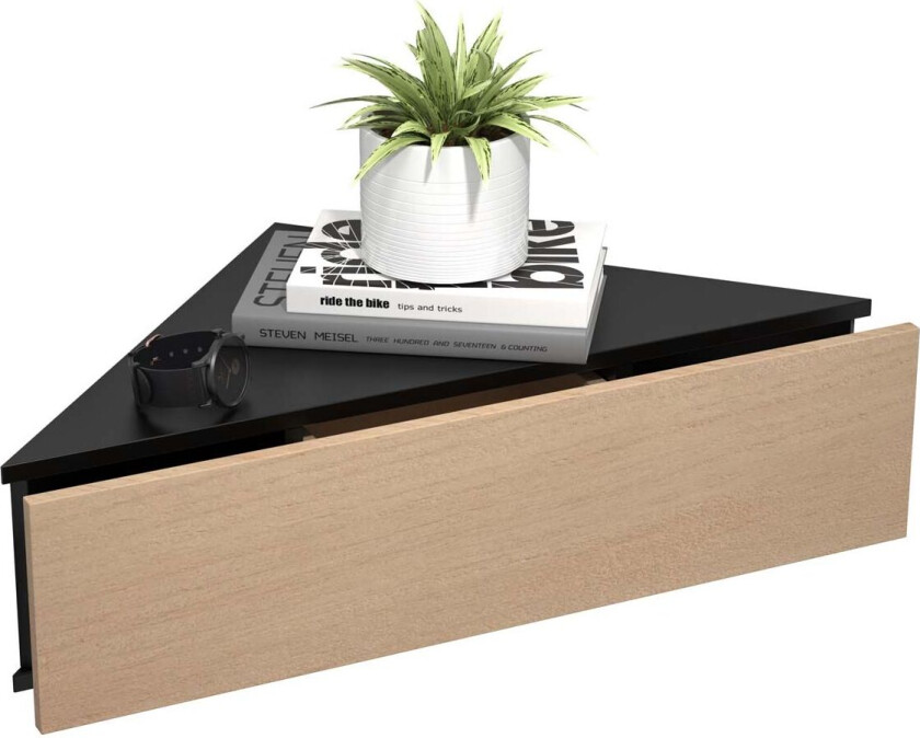 UsalS nattbord vegghengt hjørne 1 skuff svart, eik dekor.