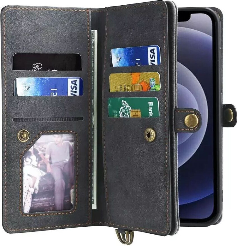 iPhone 12 / 12 Pro MEGSHI PU Skinn Flip Deksel med Magnetisk Kortholder - Svart