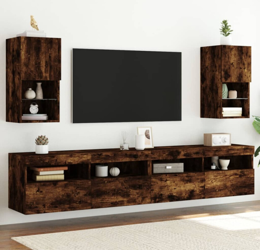 TV-benker med LED-lys 2 stk røkt eik 30,5x30x60 cm