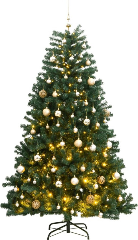 Kunstig hengslet juletre med 300 LED og kulesett 210 cm