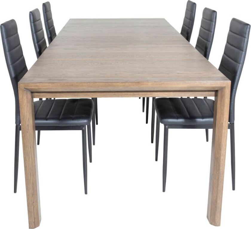 SliderOS spisegruppe spisebord uttrekksbord lengde cm 170 / 250 røykfarge eik og 6 Slim High Back spisestuestoler PU kunstskinn svart.