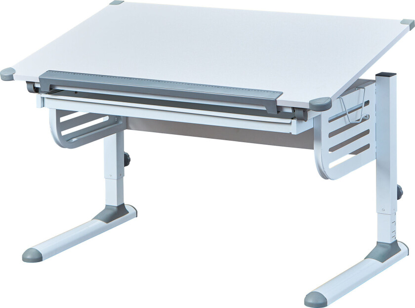 Skog skrivebord med heve senke plate og 1 skuff hvit og grå.