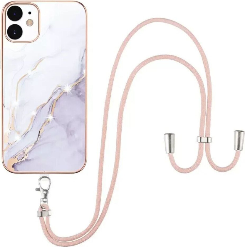 iPhone 12 / 12 Pro Marmor Hybrid Deksel med Justerbar Stropp - Hvit