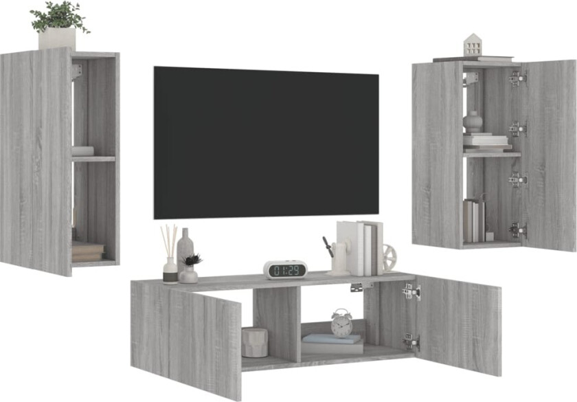 Vegghengte TV-benker med LED 3 stk grå sonoma