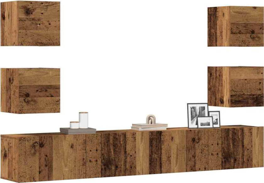 Vegghengte TV-benker 6 stk gammelt tre konstruert tre