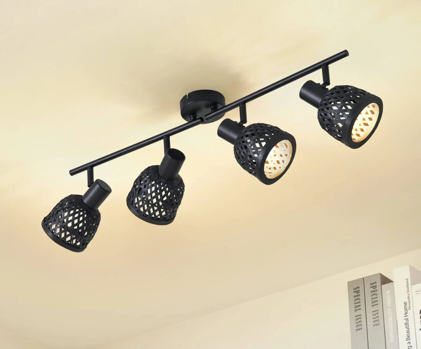 taklampe Eskil, 4 lyskilder, svart, bambus, Ø 10 cm