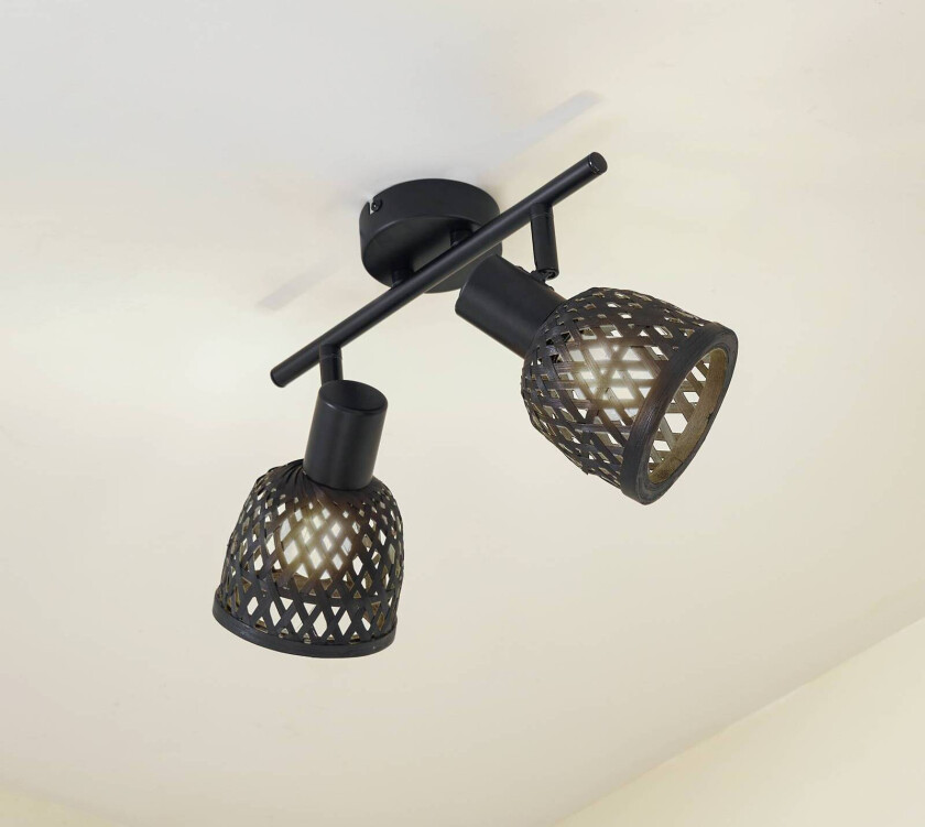 taklampe Eskil, 2 lyskilder, svart, bambus, Ø 10 cm