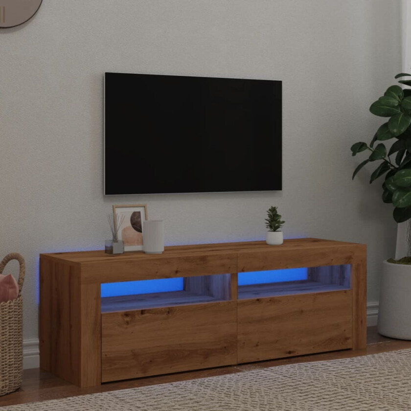 TV-benk med LED-lys artisan eik 120x35x40 cm konstruert tre