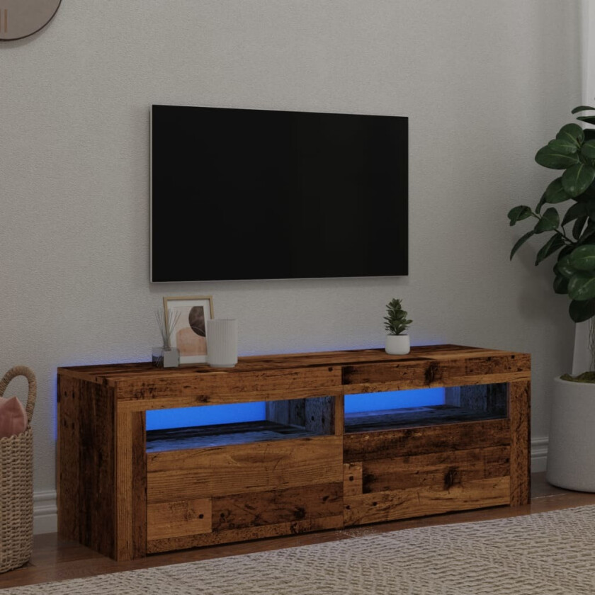 TV-benk med LED-lys gammelt tre 120x35x40 cm konstruert tre