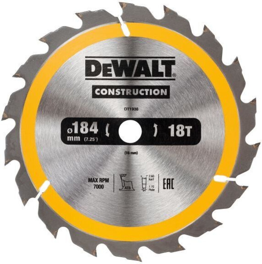 Dewalt DT1938-QZ Sirkelsagklinge 184 x 16 mm, 18T