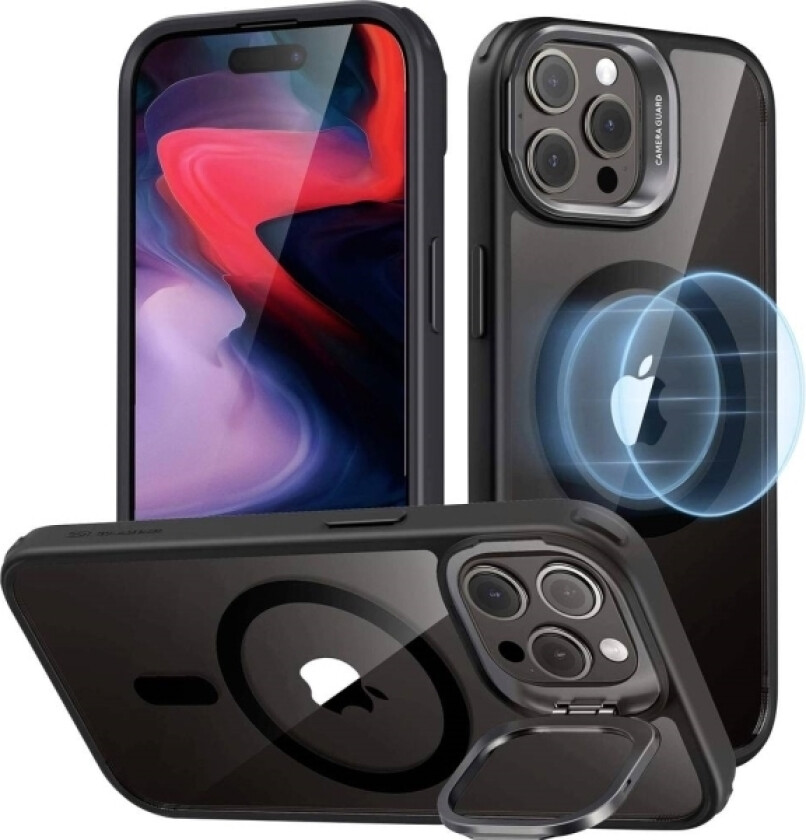 Esr Classic Hybrid Halolock Case + Stash Stand Mobiltelefon Backcover Apple Iphone 15 Pro Max Transparent, Sort Magsafe-Kompatibel