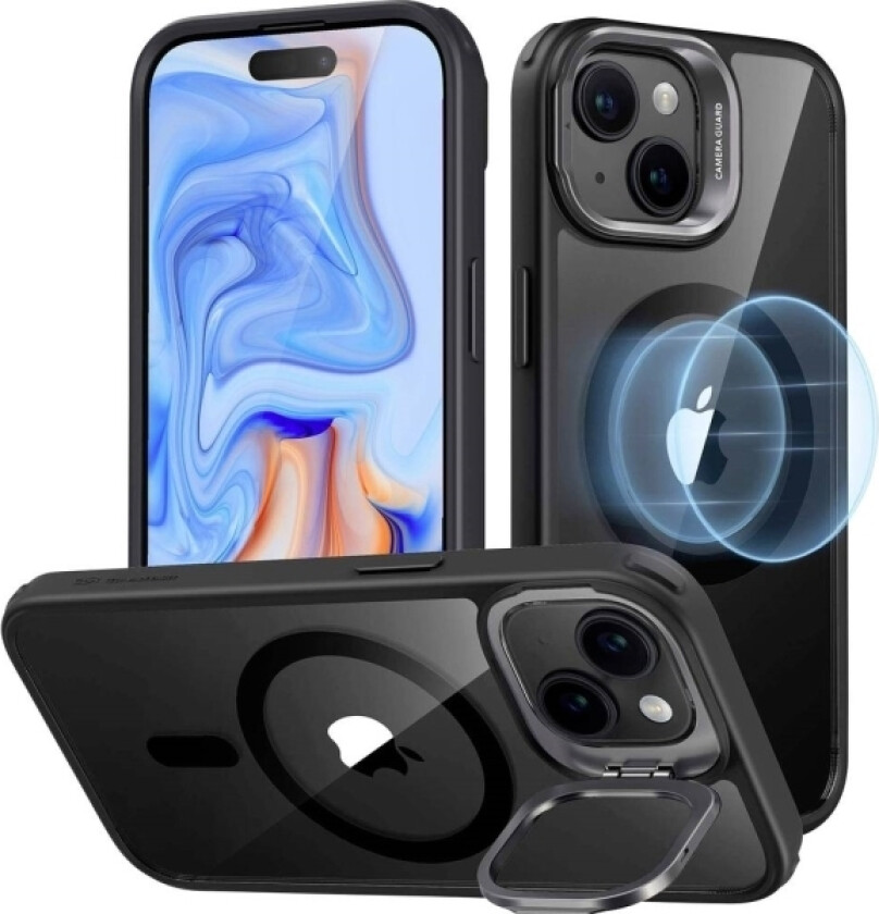Esr Classic Hybrid Halolock Case + Stash Stand Mobiltelefon Backcover Apple Iphone 15 Plus Transparent, Sort Magsafe-Kompatibel