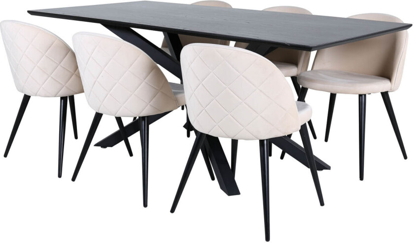 PiazzaBLBL spisegruppe spisebord svart og 6 Velvet Stitches spisestuestoler velour beige.