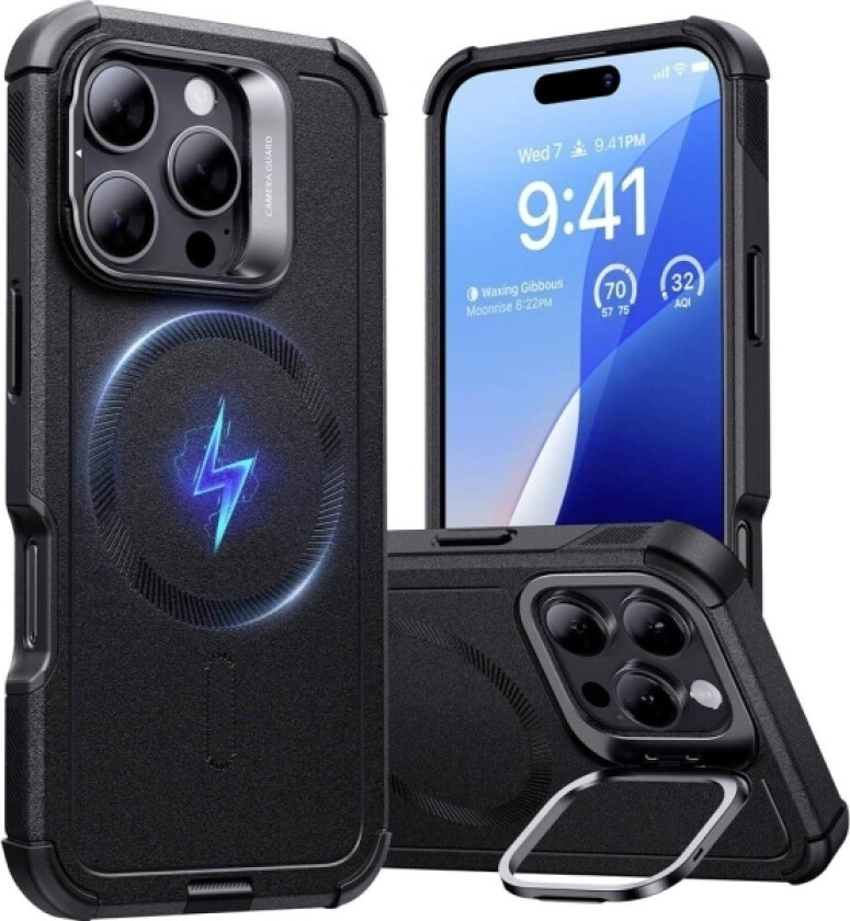 Esr Cyber Tough Halolock Case + Stash Stand Mobiltelefon Backcover Apple Iphone 16 Pro Max Sort Magsafe-Kompatibel