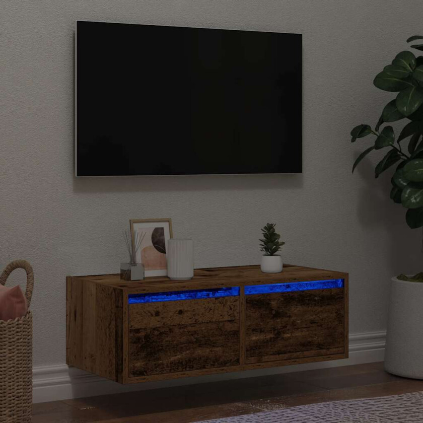 TV-benk med LED-lys gammelt tre 75x35,5x25 cm
