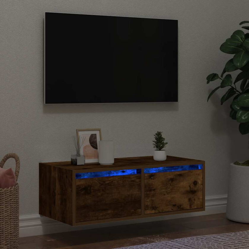 TV-benk med LED-lys røkt eik 75x35,5x25 cm