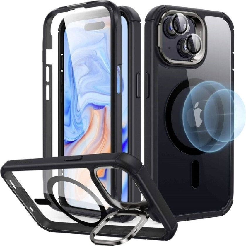 Esr Armor Tough Halolock Case + Stash Stand Mobiltelefon Backcover Apple Iphone 15 Plus Transparent, Sort Magsafe-Kompatibel