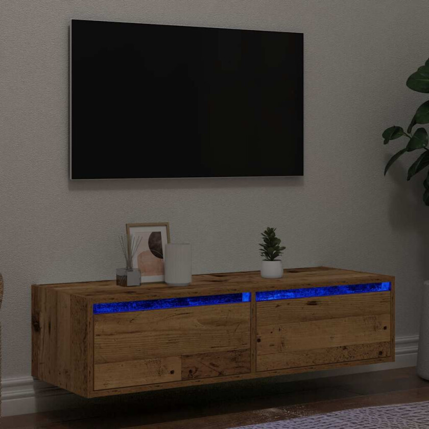 TV-benk med LED-lys gammelt tre 100X35,5x25 cm
