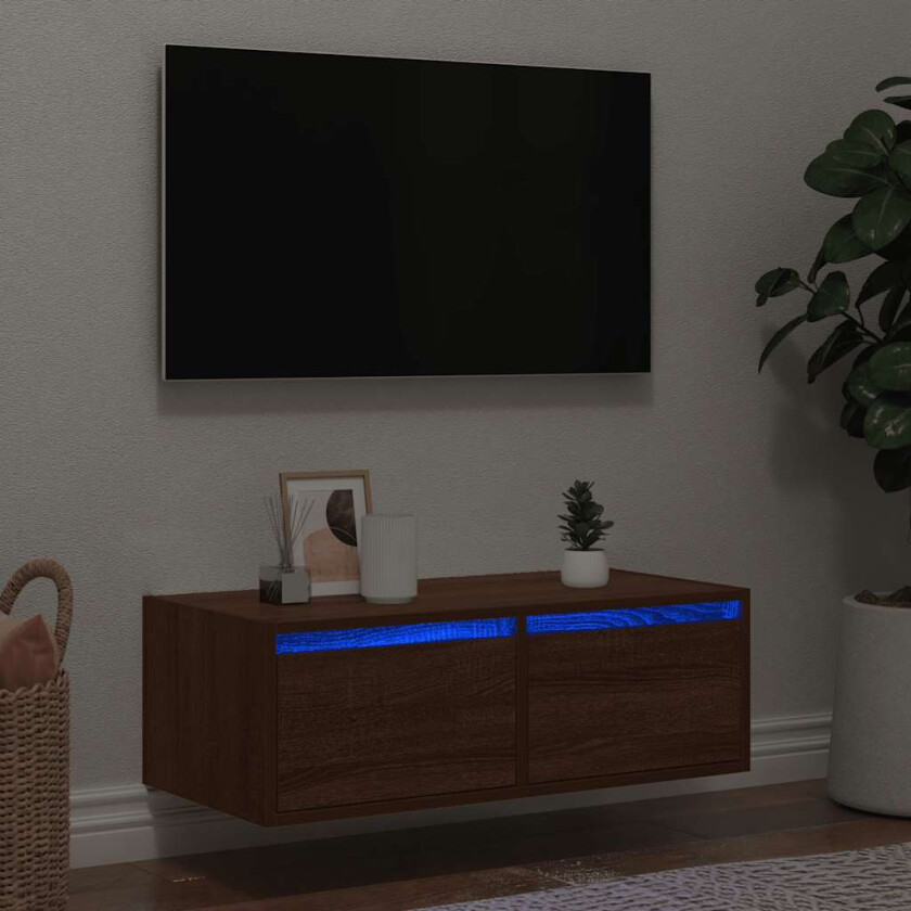 TV-benk med LED-lys brun eik 75x35,5x25 cm