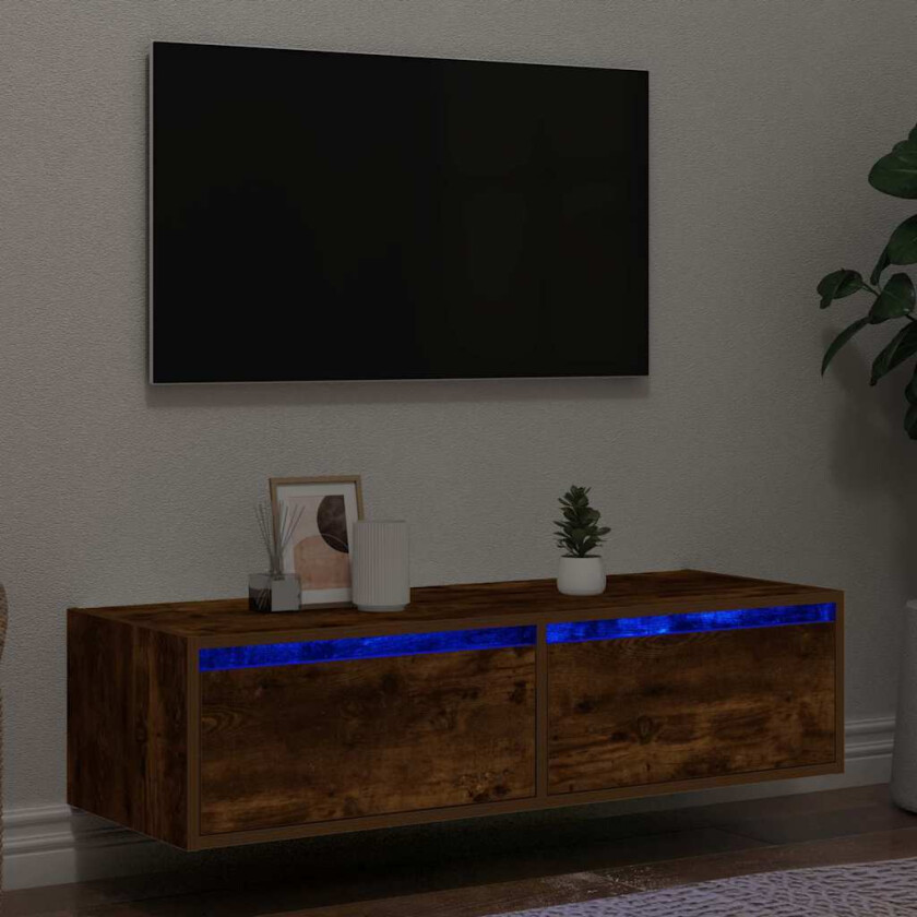 TV-benk med LED-lys røkt eik 100X35,5x25 cm