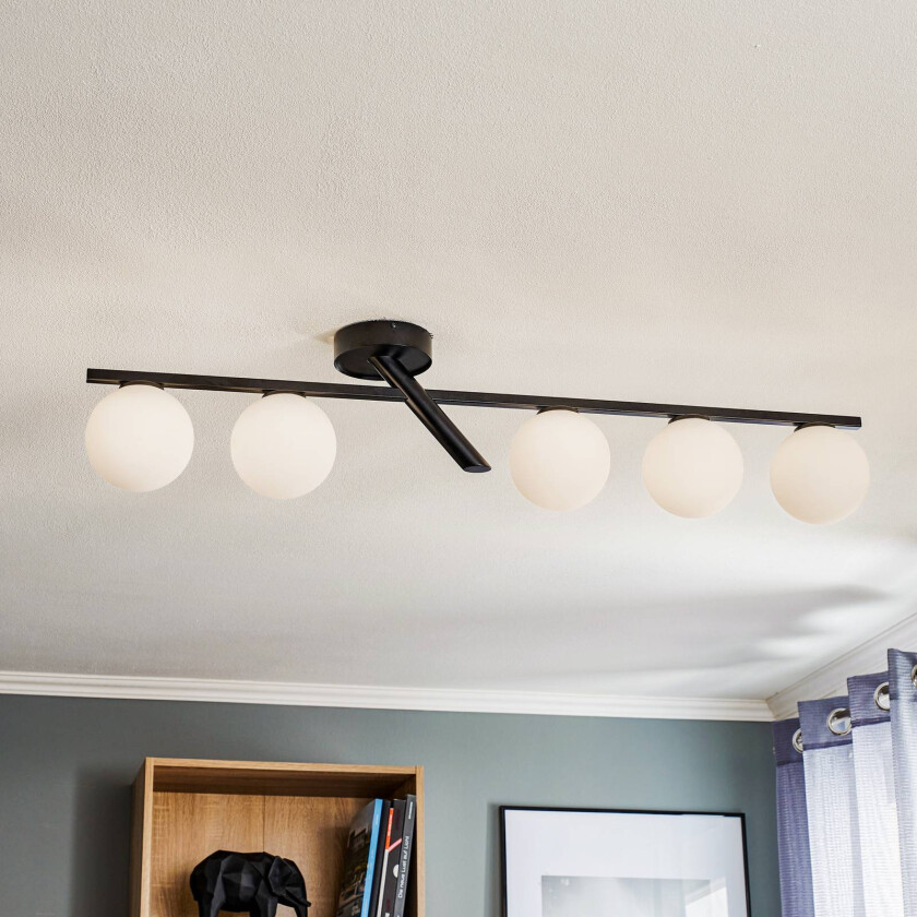 Baleo taklampe, svart/opal, fem lamper