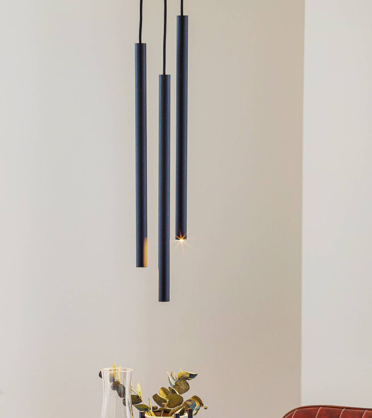 Tynn pendellampe, svart, tre lys, rondell